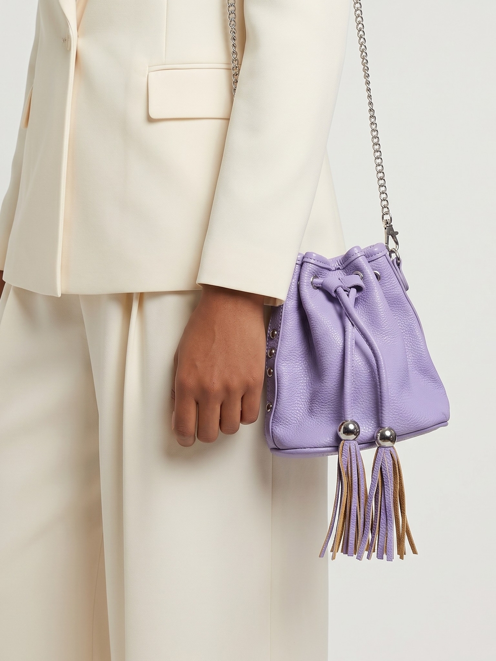Charming Charlie Lavender Mini Drawstring Bucket Bag with Tassels
